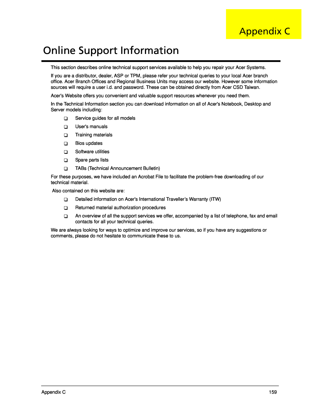 Acer 5330 manual Online Support Information, Appendix C 