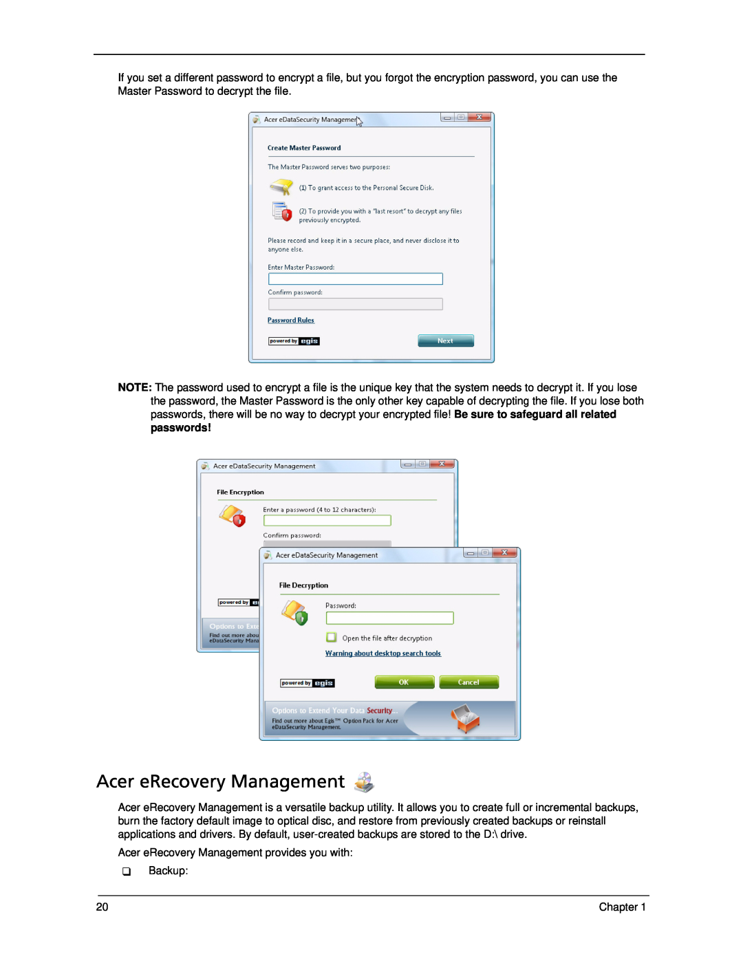 Acer 5330 manual Acer eRecovery Management, passwords 