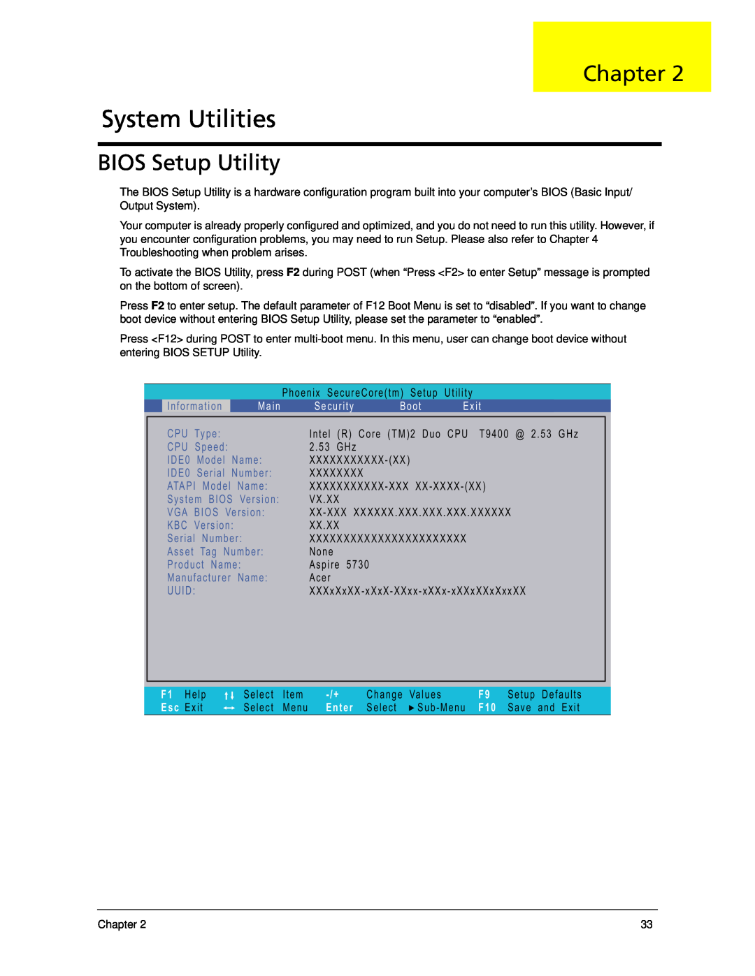 Acer 5330 manual System Utilities, BIOS Setup Utility, Chapter, Security, Boot, Exit, Enter 