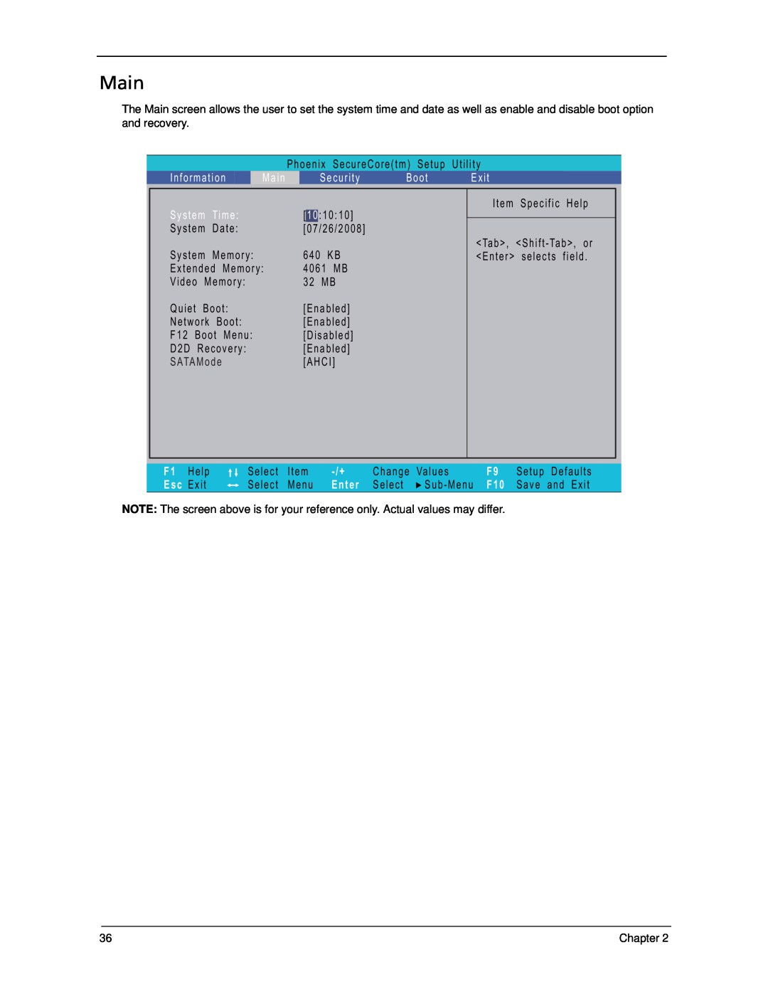 Acer 5330 manual Main, Information, Security, Boot, Exit, Time, Enter 