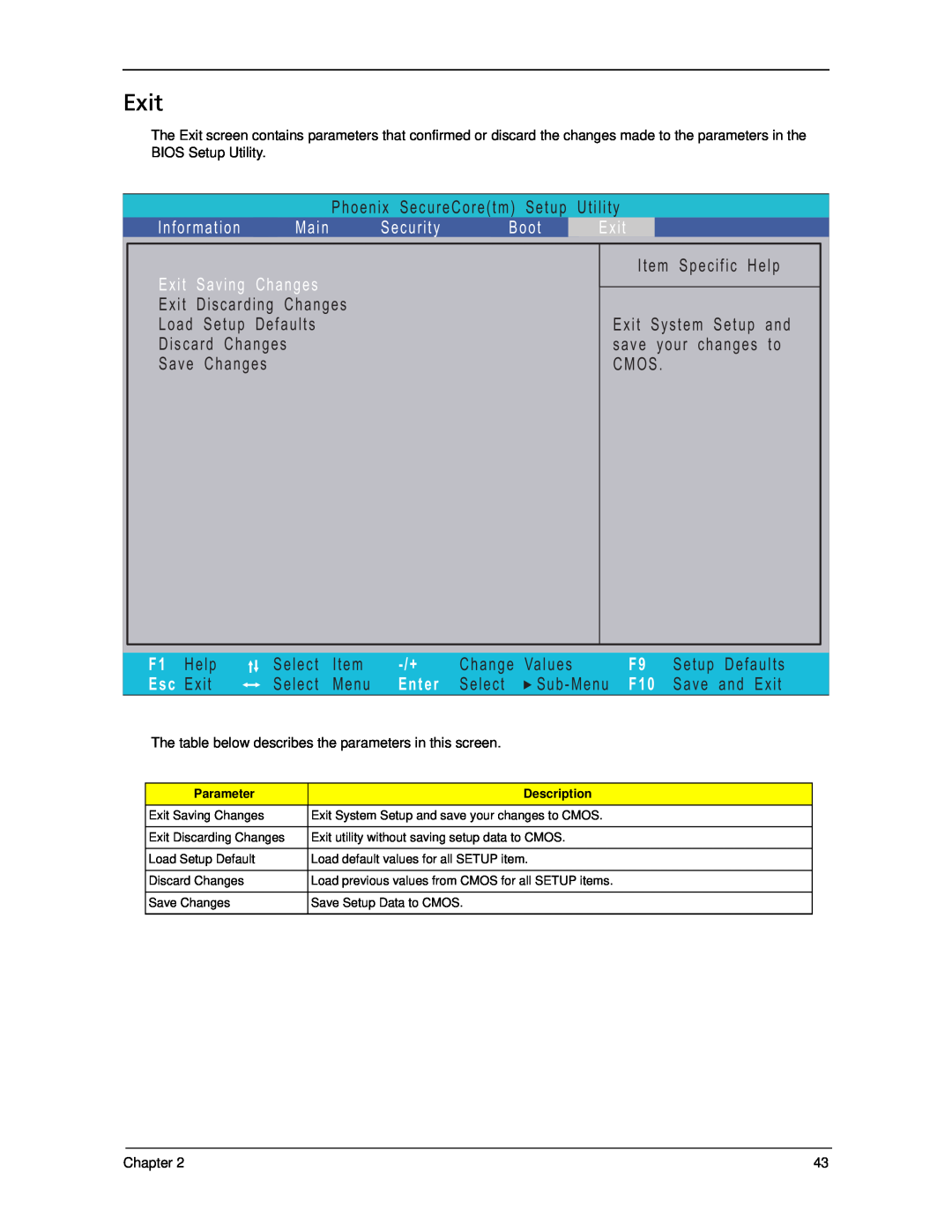 Acer 5330 manual I nformation, Exit Saving Changes, Main, Security, Boot, Esc Exit, Enter 