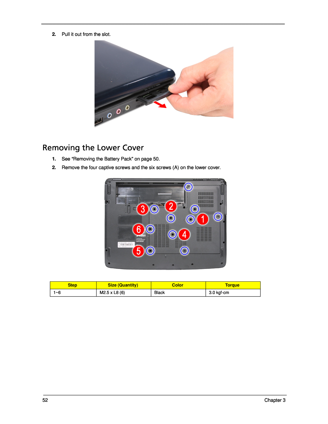 Acer 5330 manual Removing the Lower Cover, Step, Size Quantity, Color, Torque 