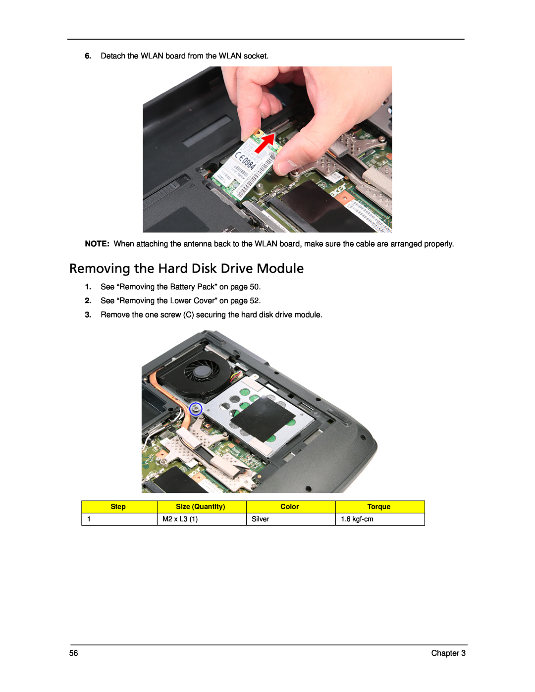 Acer 5330 manual Removing the Hard Disk Drive Module, Step, Size Quantity, Color, Torque 