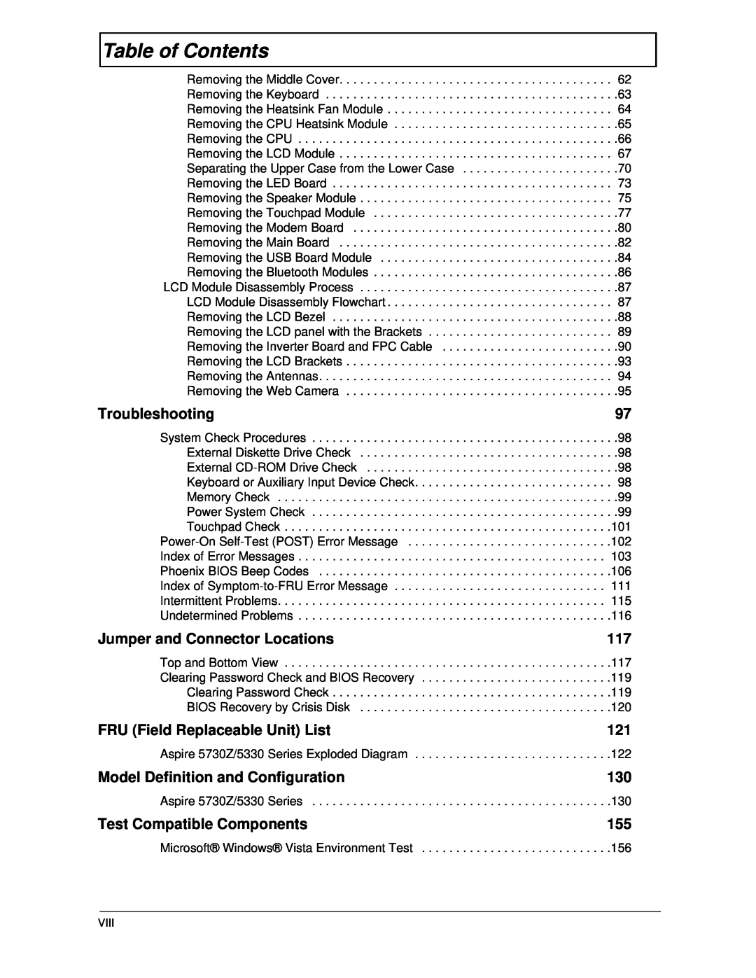 Acer 5330 Troubleshooting, Jumper and Connector Locations, FRU Field Replaceable Unit List, Test Compatible Components 