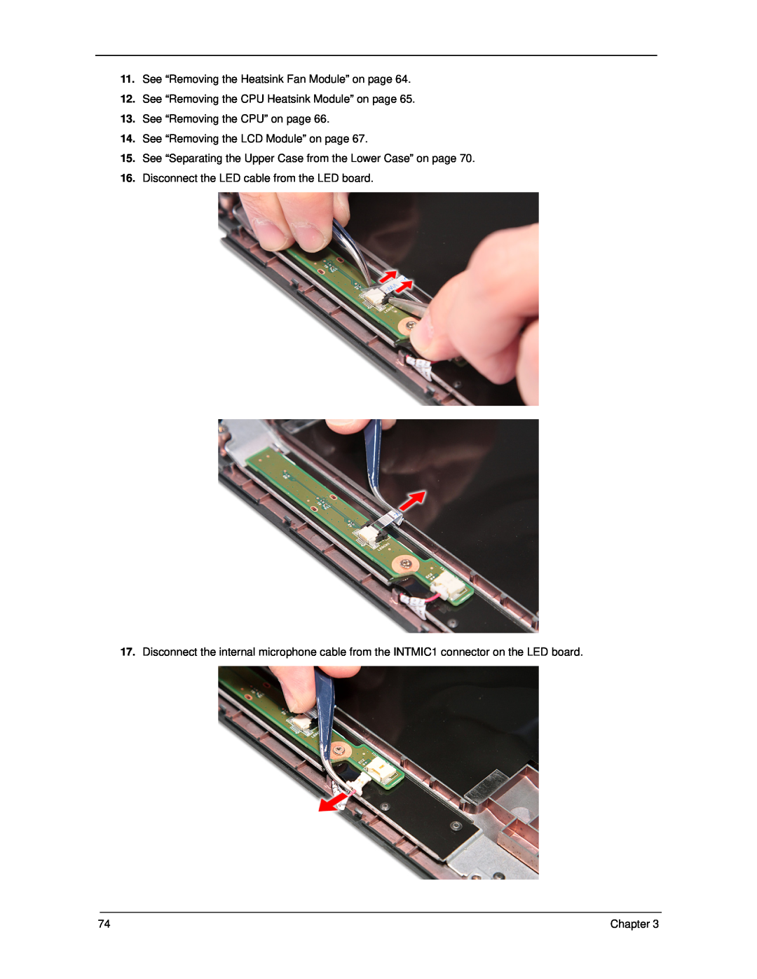 Acer 5330 manual See “Removing the Heatsink Fan Module” on page, See “Removing the CPU Heatsink Module” on page, Chapter 