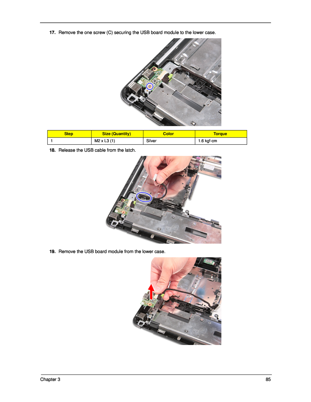 Acer 5330 Release the USB cable from the latch, Remove the USB board module from the lower case, Chapter, Step, Color 