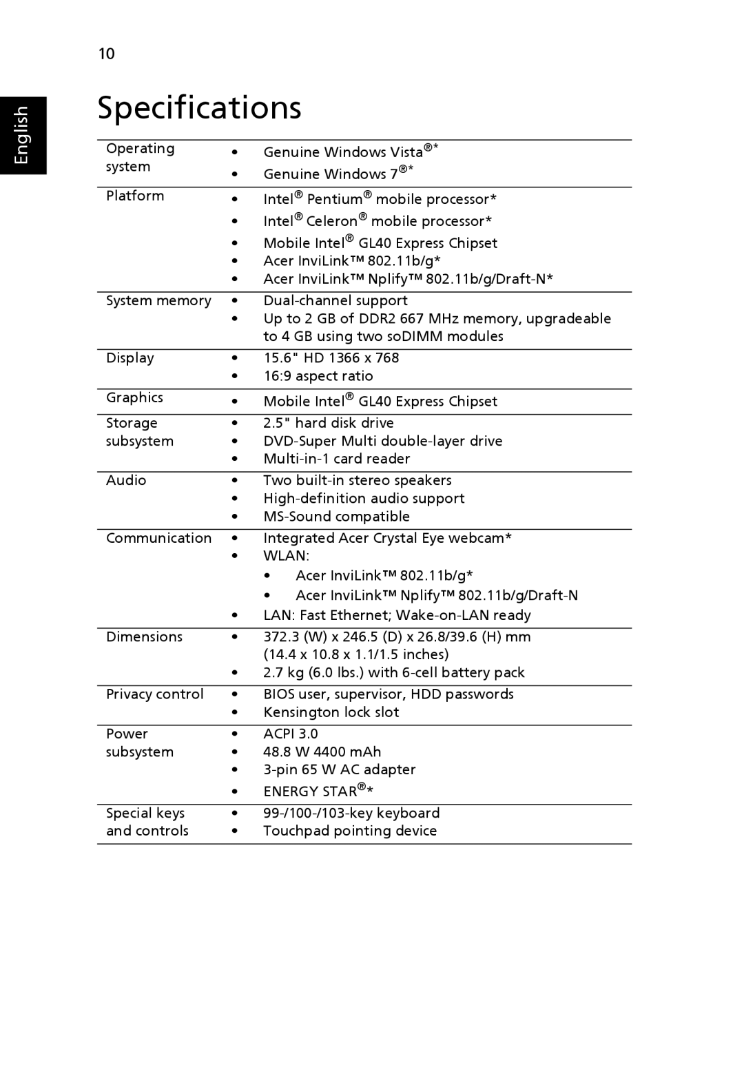 Acer 5332 Series, 5732Z Series manual Specifications, Wlan 