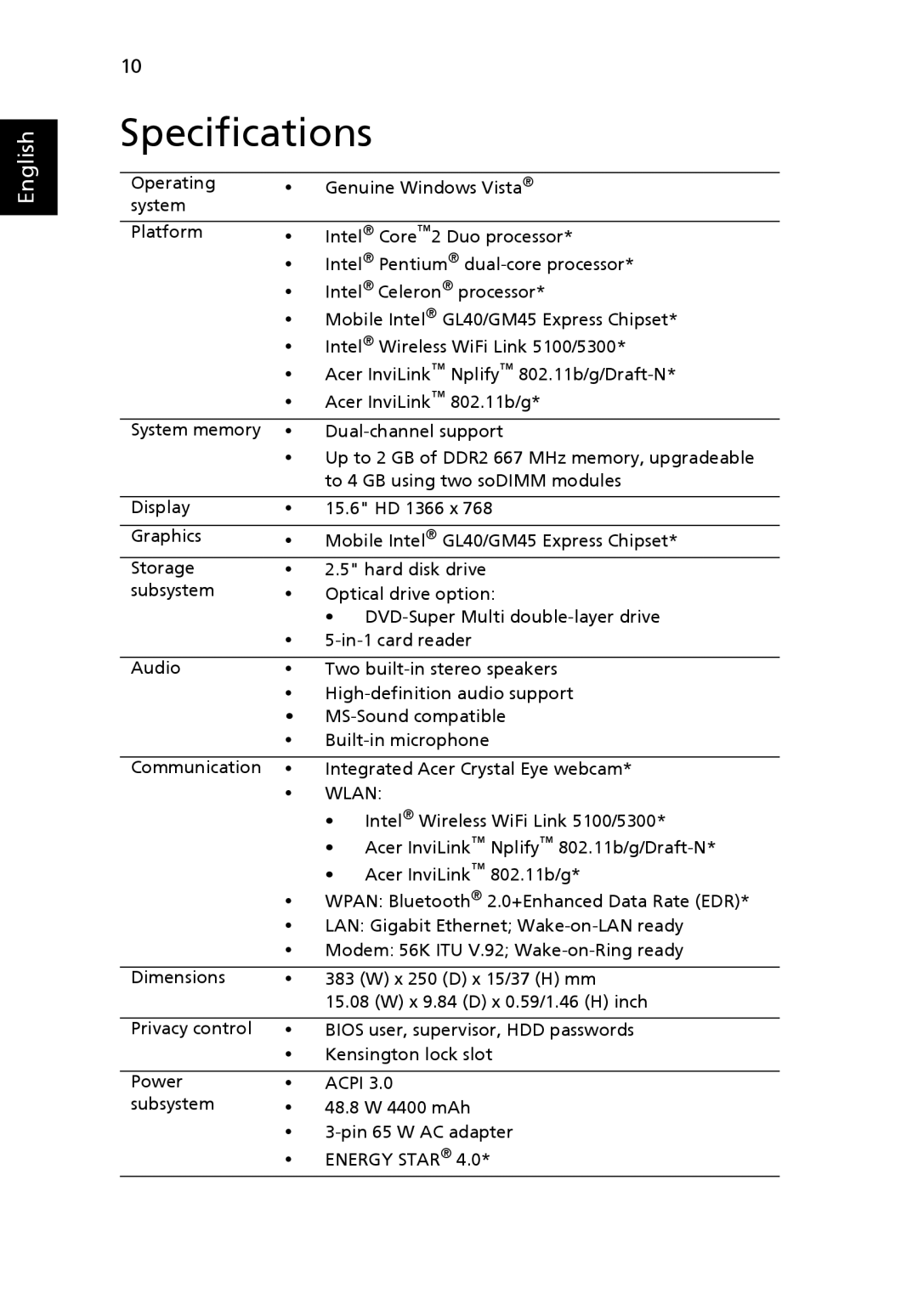 Acer 5735 Series, 5335 Series, 5735Z Series manual Specifications, Wlan 