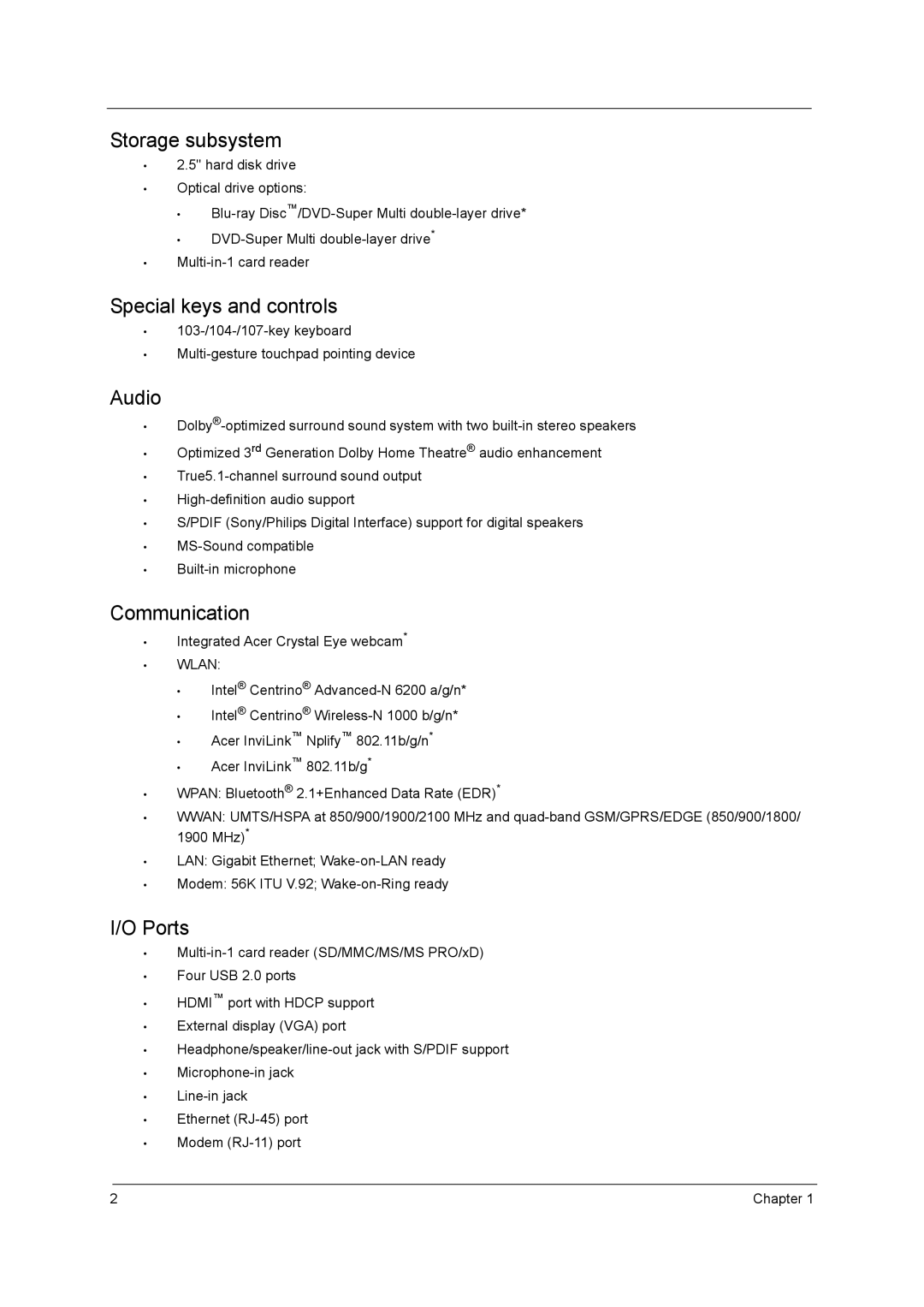 Acer 5340, 5740D manual Storage subsystem, Integrated Acer Crystal Eye webcam 