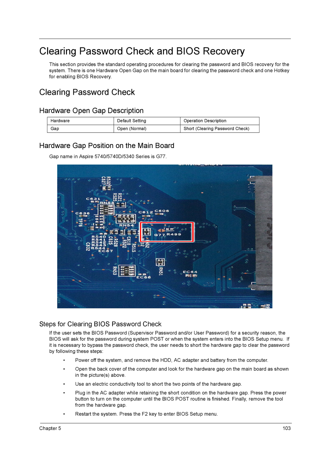 Acer manual Clearing Password Check and Bios Recovery, Gap name in Aspire 5740/5740D/5340 Series is G77 