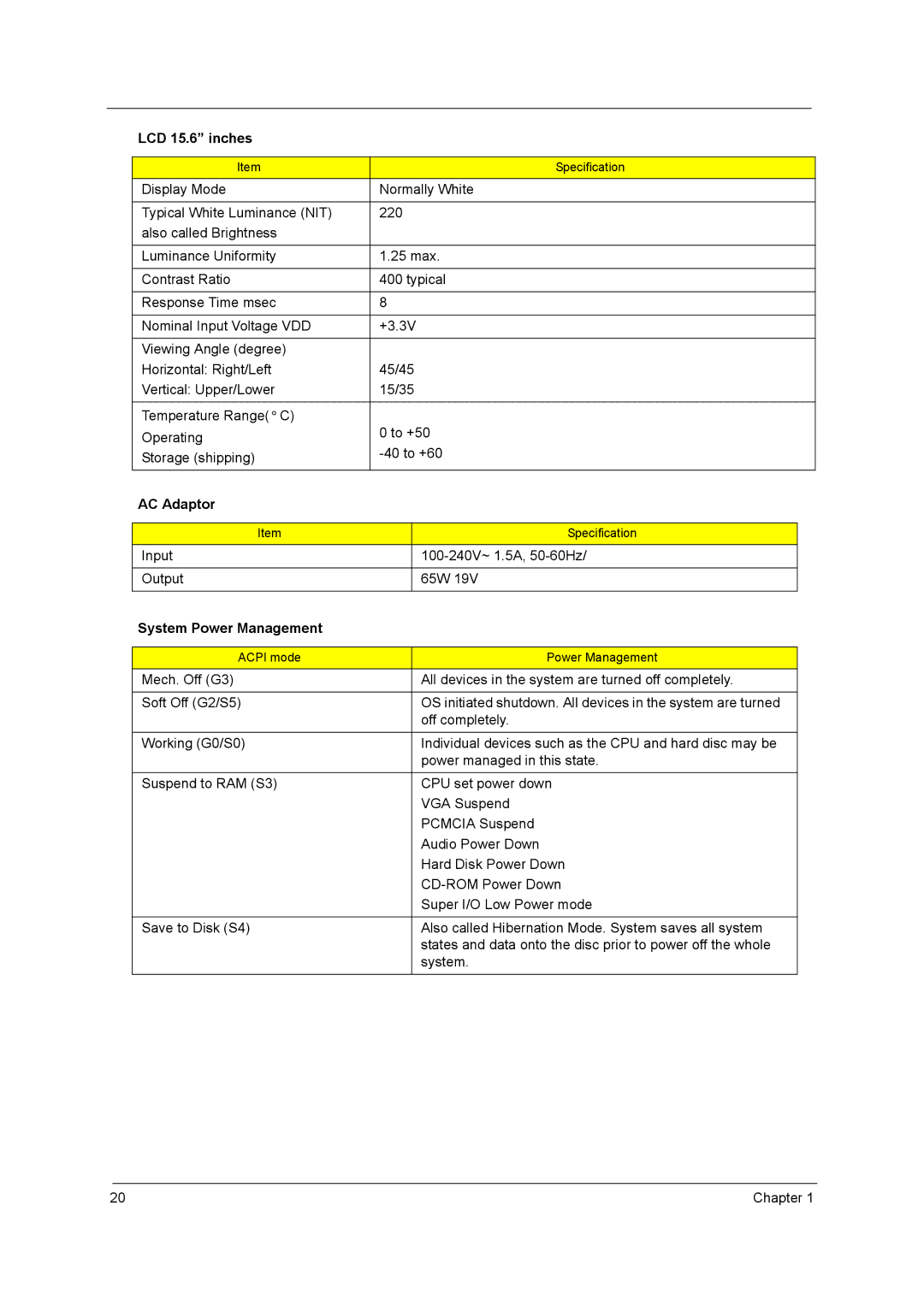 Acer 5340, 5740D manual AC Adaptor, Input 100-240V~ 1.5A, 50-60Hz Output 65W, System Power Management 