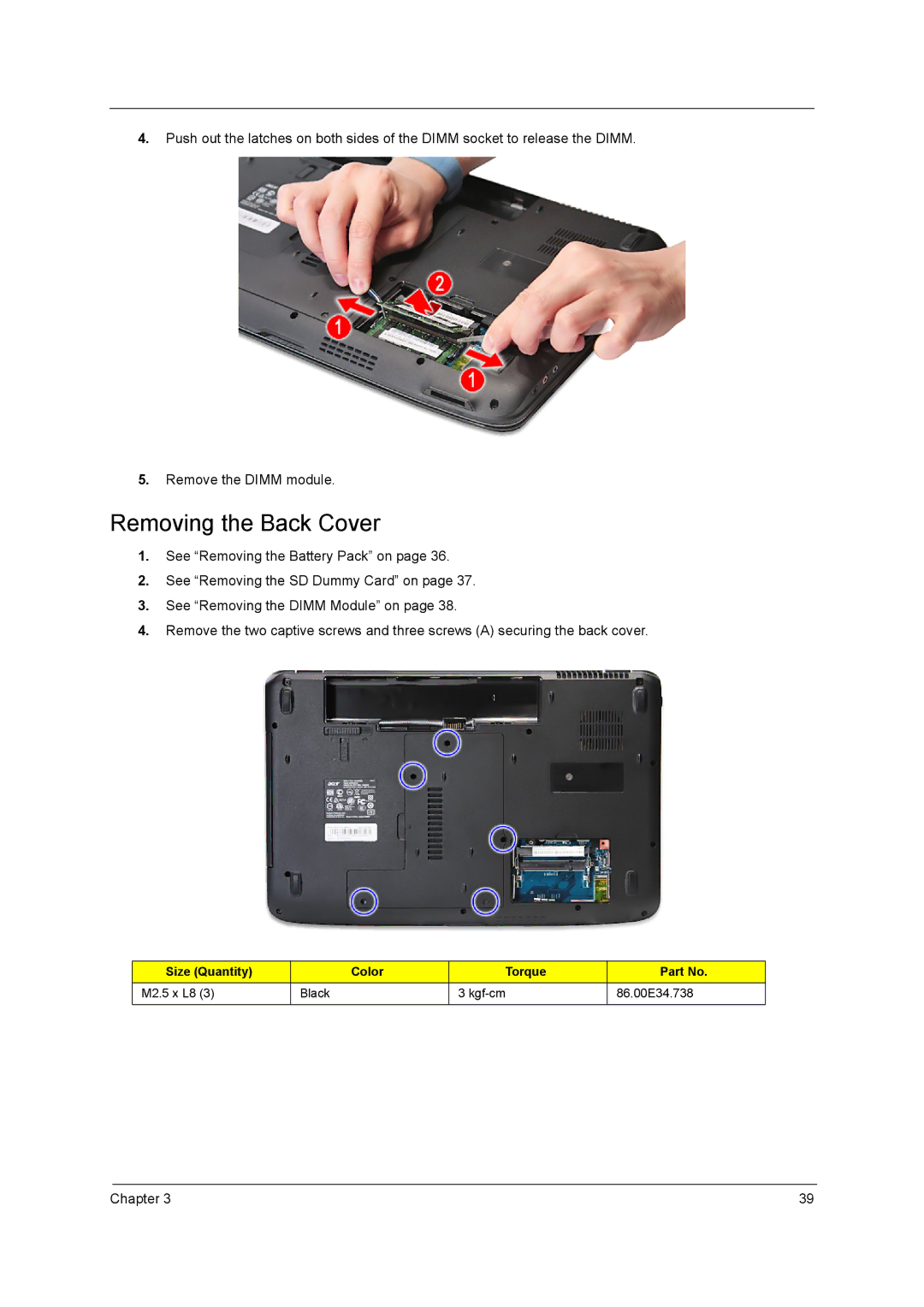 Acer 5740D, 5340 manual Removing the Back Cover 