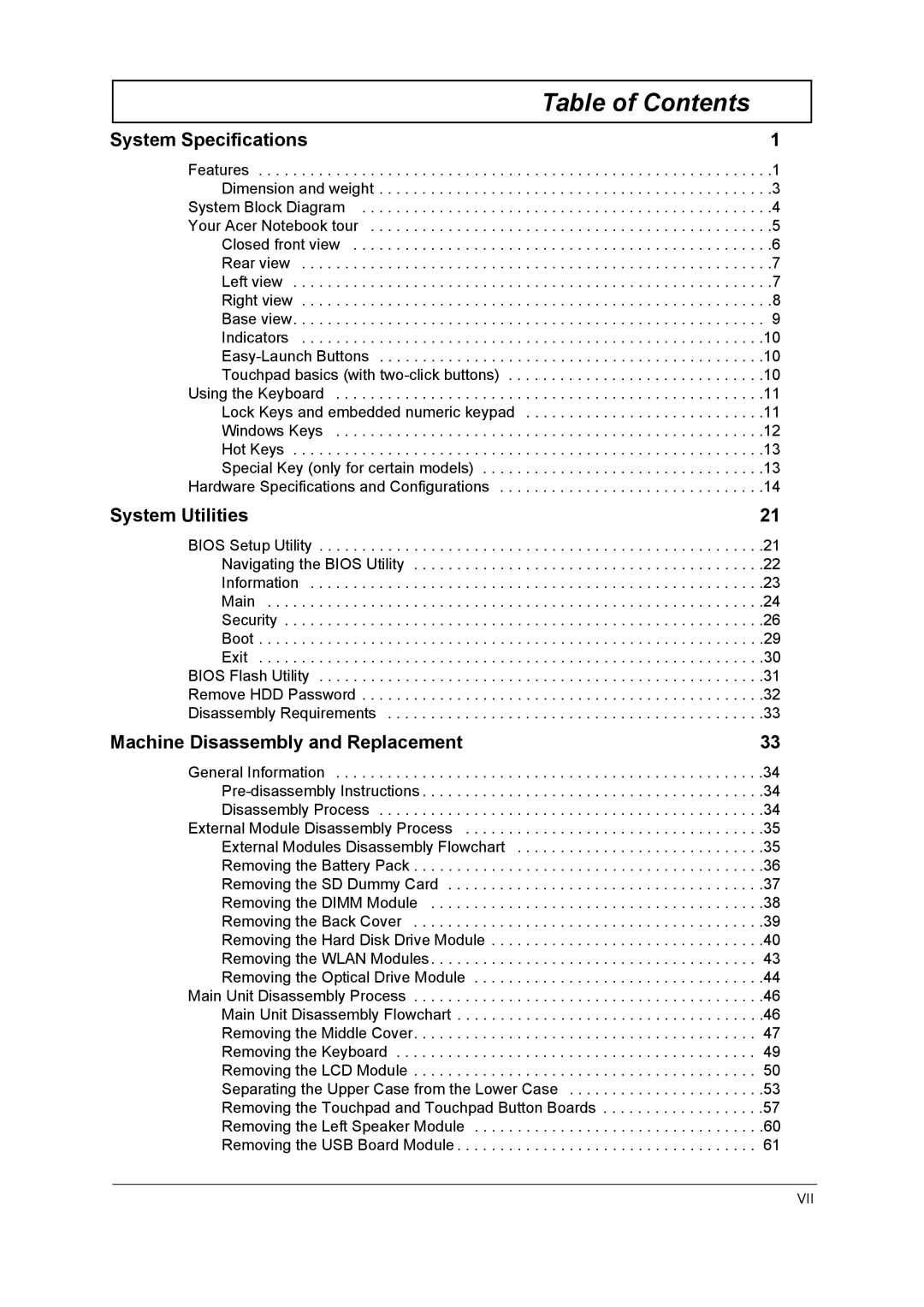 Acer 5740D, 5340 manual Table of Contents 