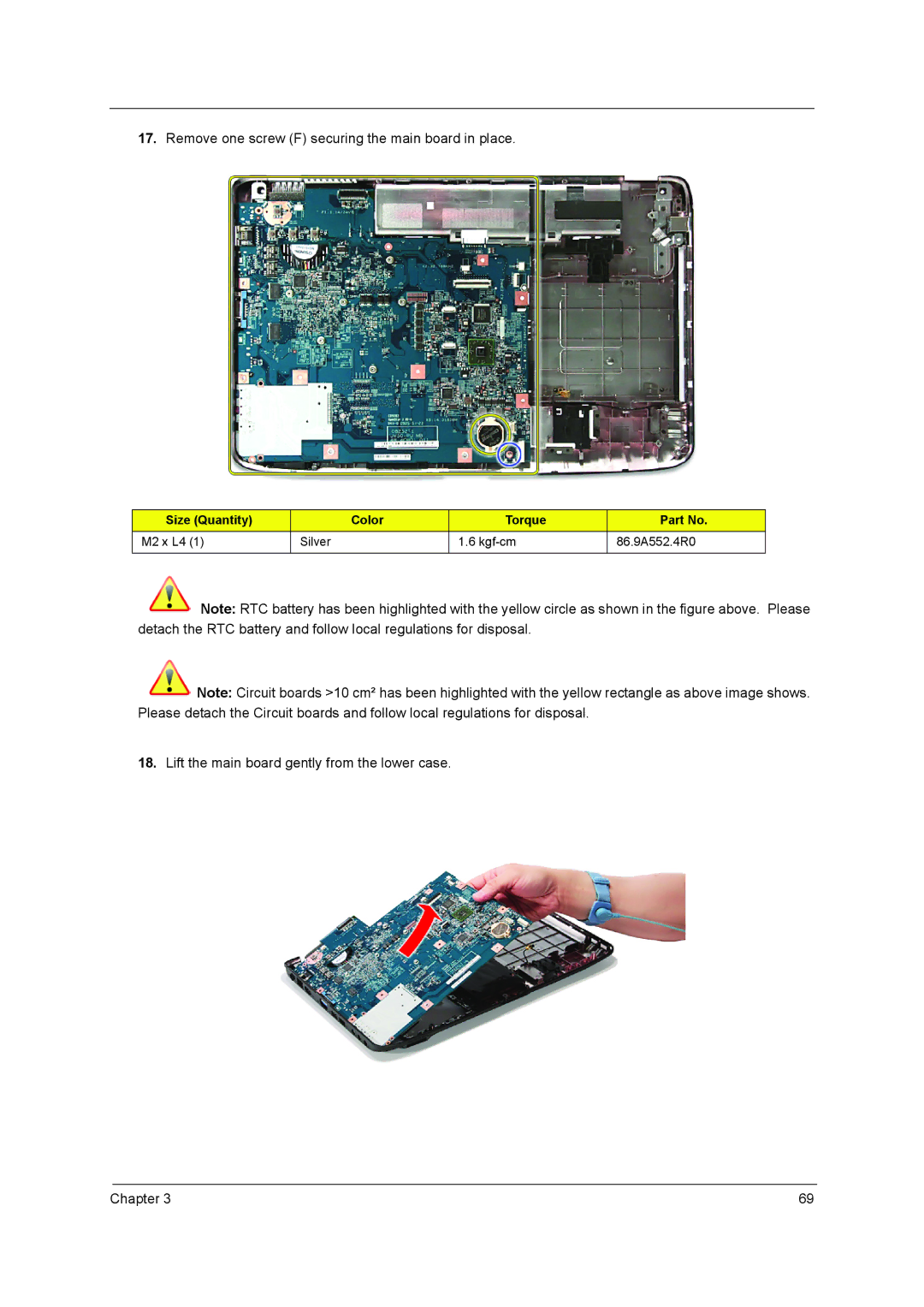 Acer 5740D Remove one screw F securing the main board in place, Lift the main board gently from the lower case Chapter 