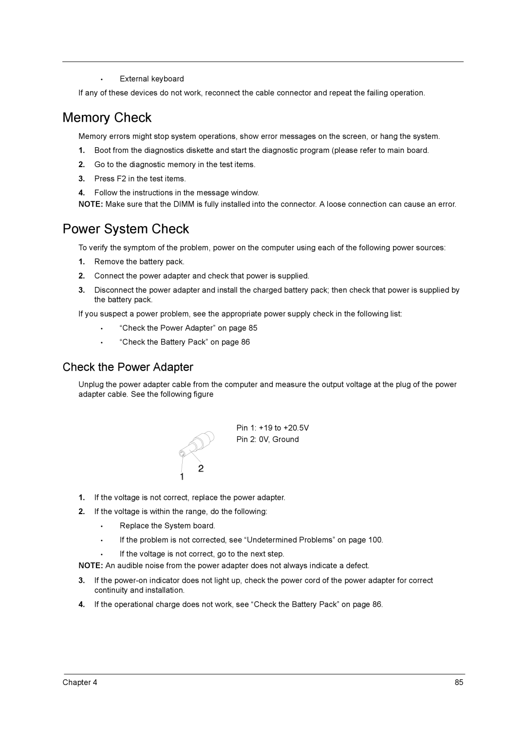 Acer 5740D, 5340 manual Memory Check, Power System Check 