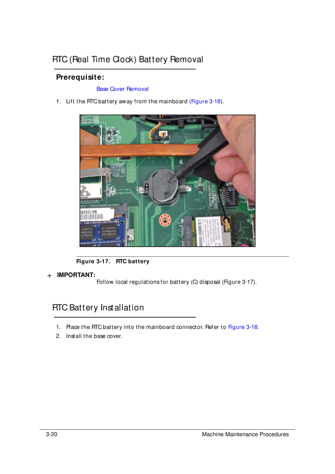 Acer 5349 manual RTC Real Time Clock Battery Removal, RTC Battery Installation 