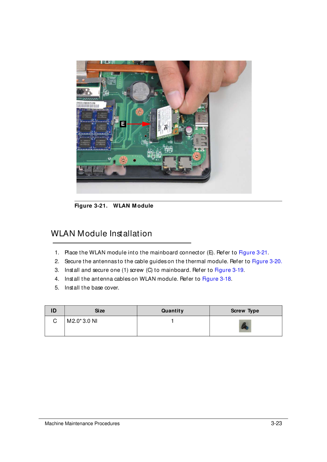 Acer 5349 manual Wlan Module Installation, M2.0*3.0 NI 