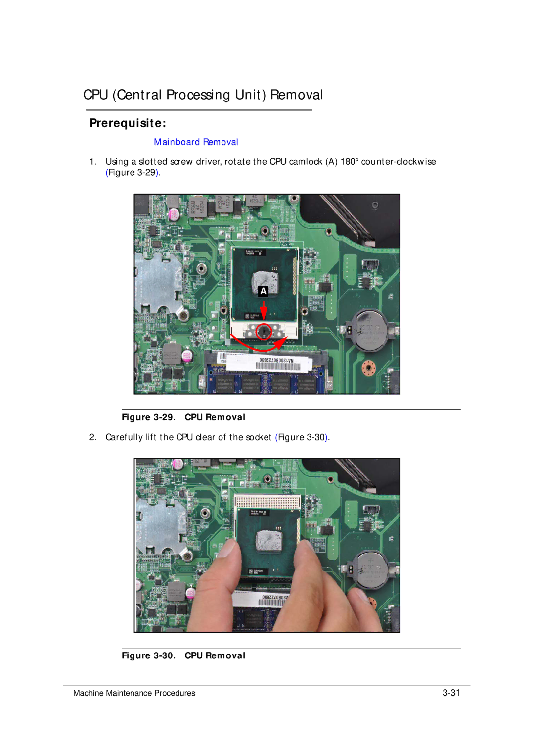 Acer 5349 manual CPU Central Processing Unit Removal, CPU Removal 