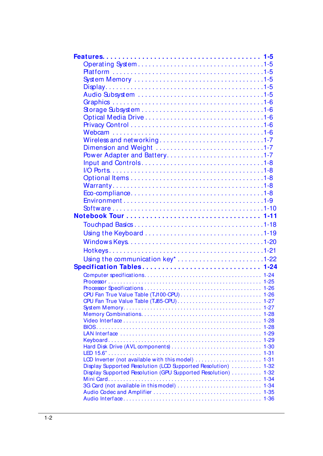 Acer 5349 manual Specification Tables 