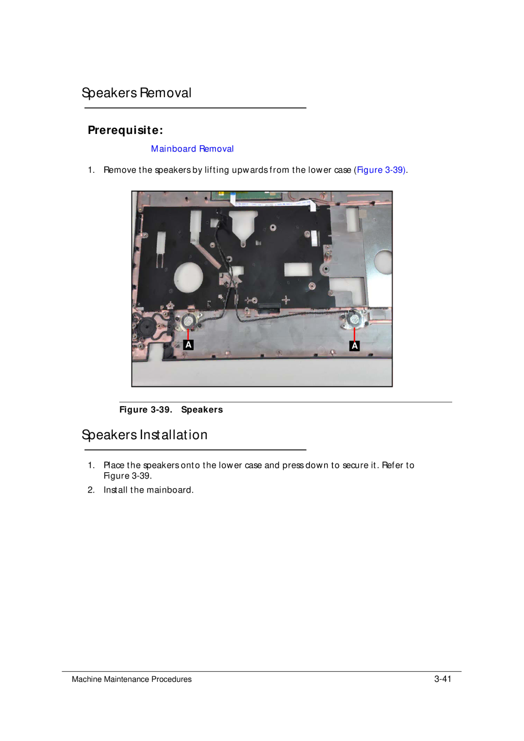 Acer 5349 manual Speakers Removal, Speakers Installation 