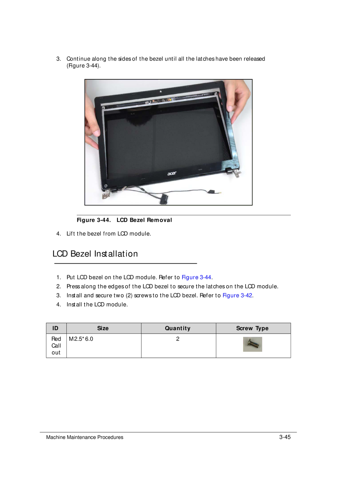 Acer 5349 manual LCD Bezel Installation, LCD Bezel Removal 