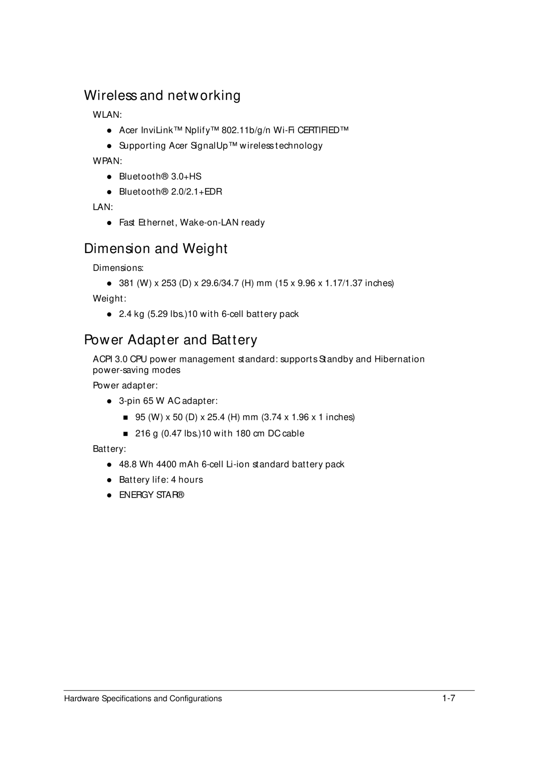 Acer 5349 manual Wireless and networking, Dimension and Weight, Power Adapter and Battery 