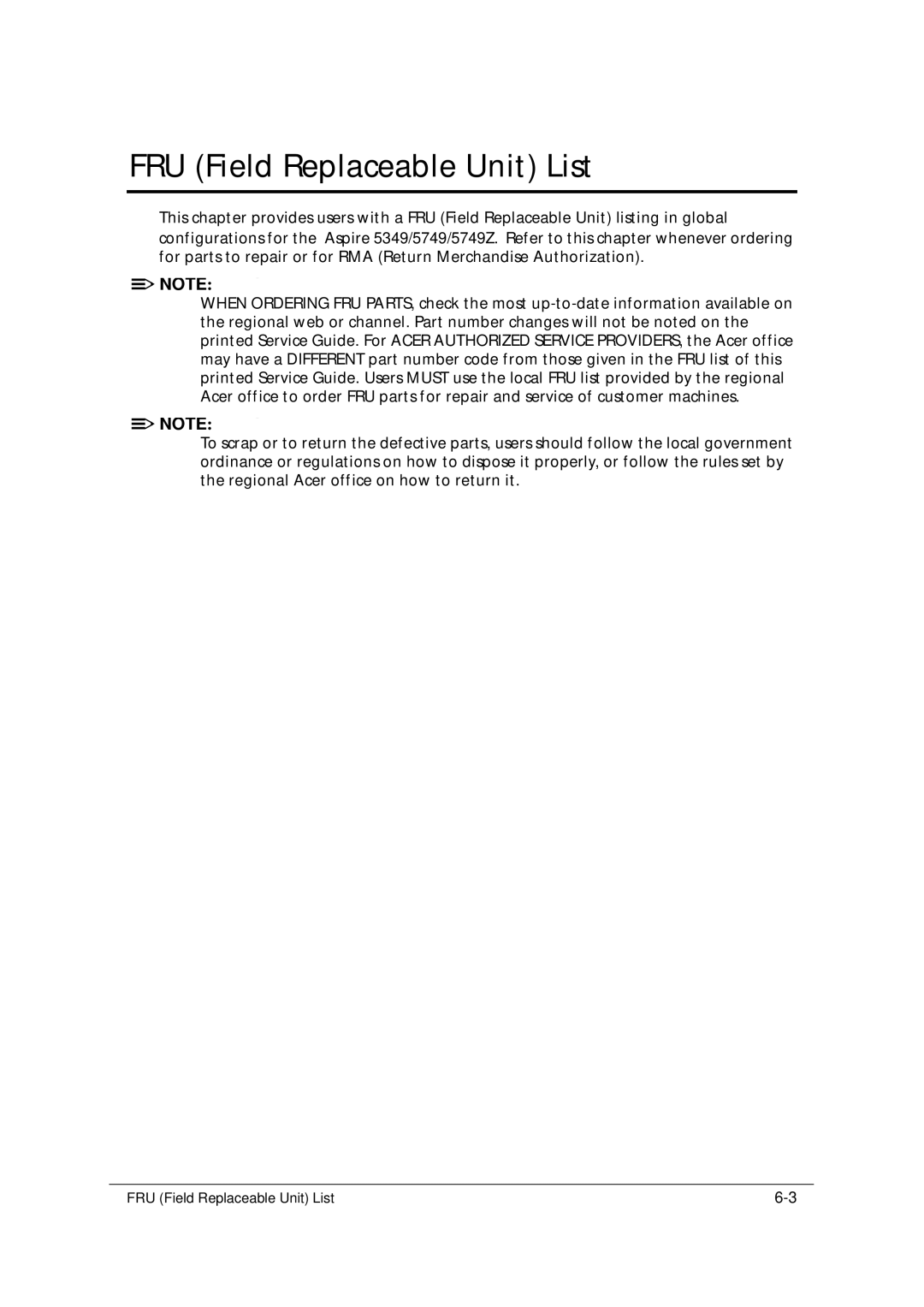 Acer 5349 manual FRU Field Replaceable Unit List 