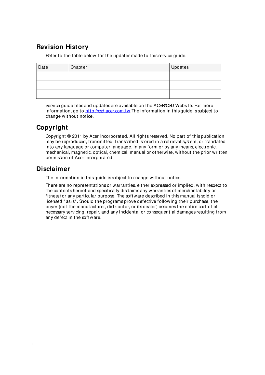 Acer 5349 manual Revision History 