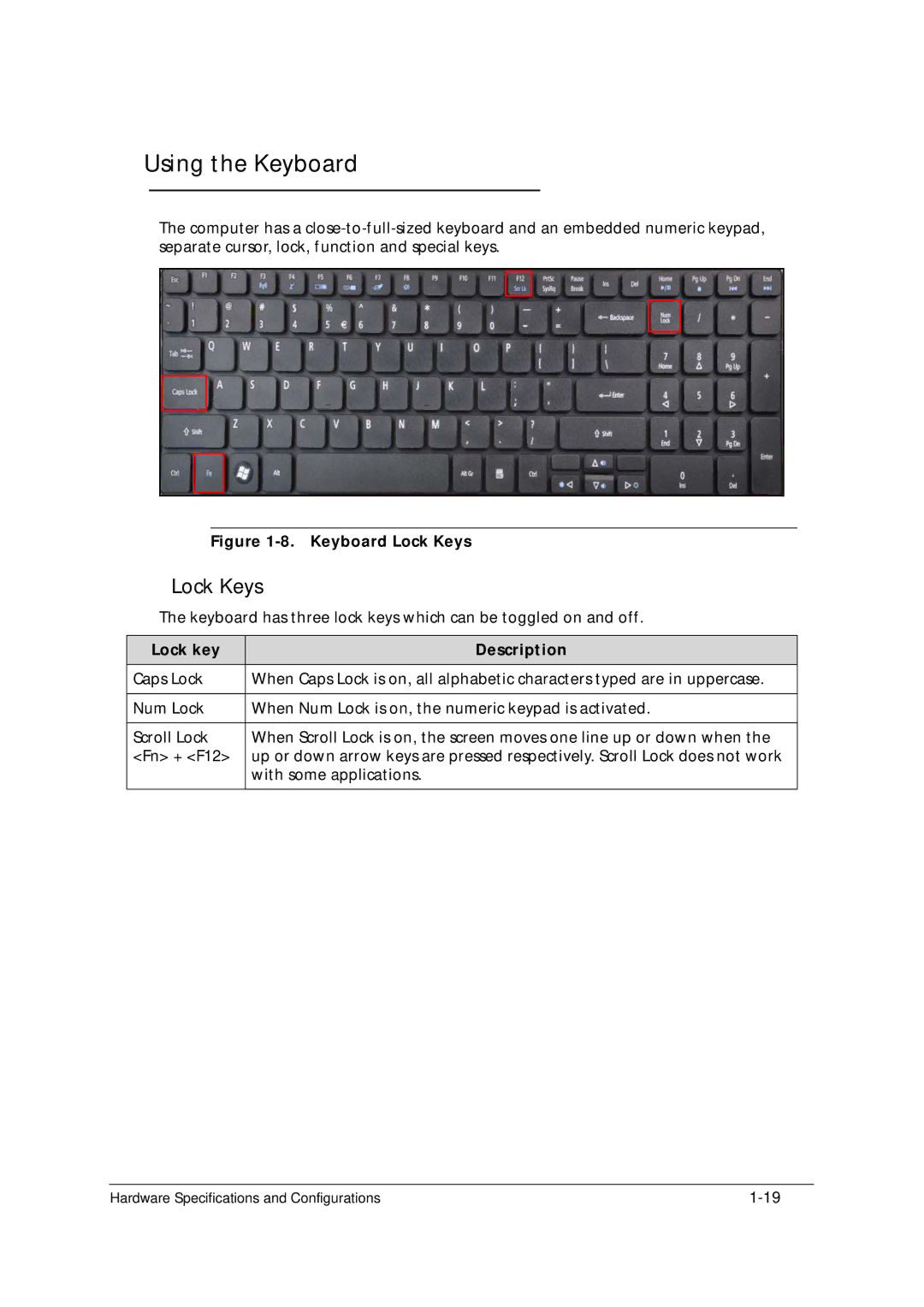 Acer 5349 manual Using the Keyboard, Lock key Description 