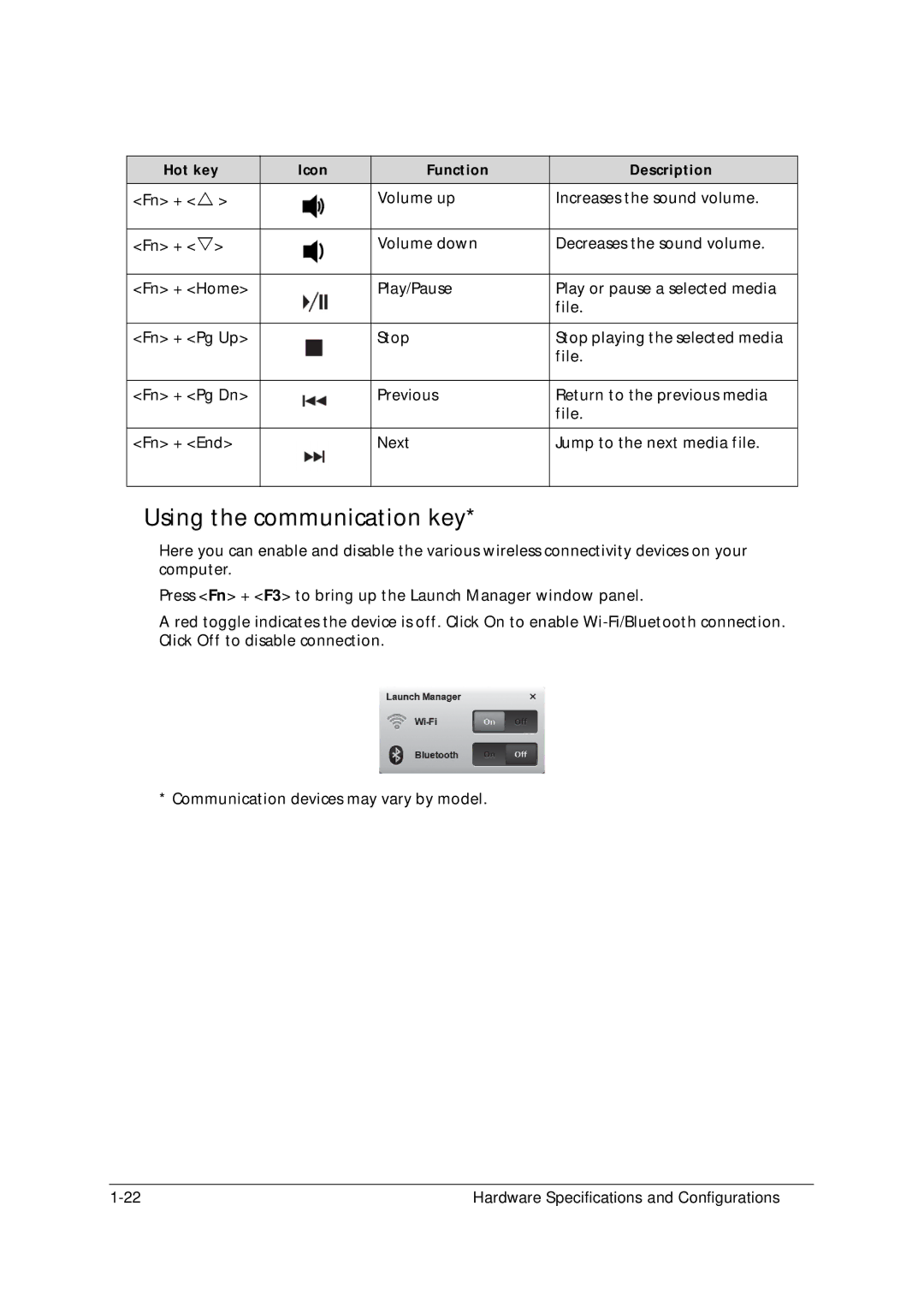 Acer 5349 manual Using the communication key 