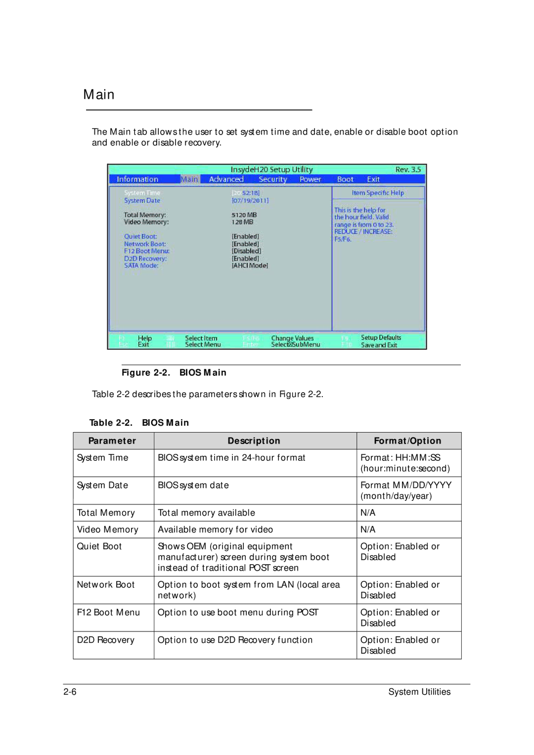 Acer 5349 manual Bios Main Parameter Description Format/Option 