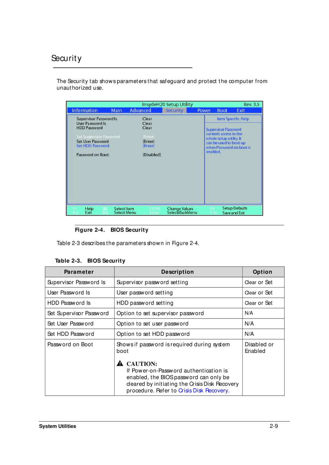 Acer 5349 manual Bios Security Parameter Description Option 