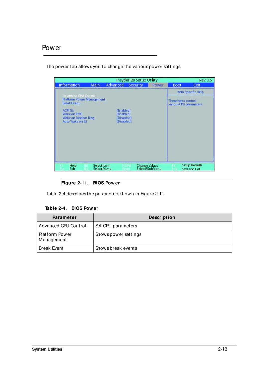 Acer 5349 manual Bios Power Parameter Description 