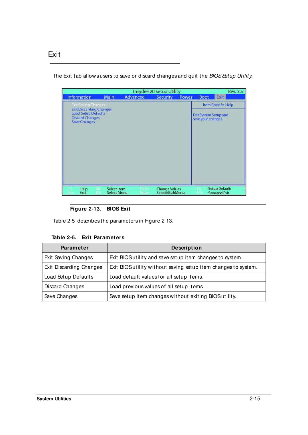 Acer 5349 manual Exit Parameters Description 