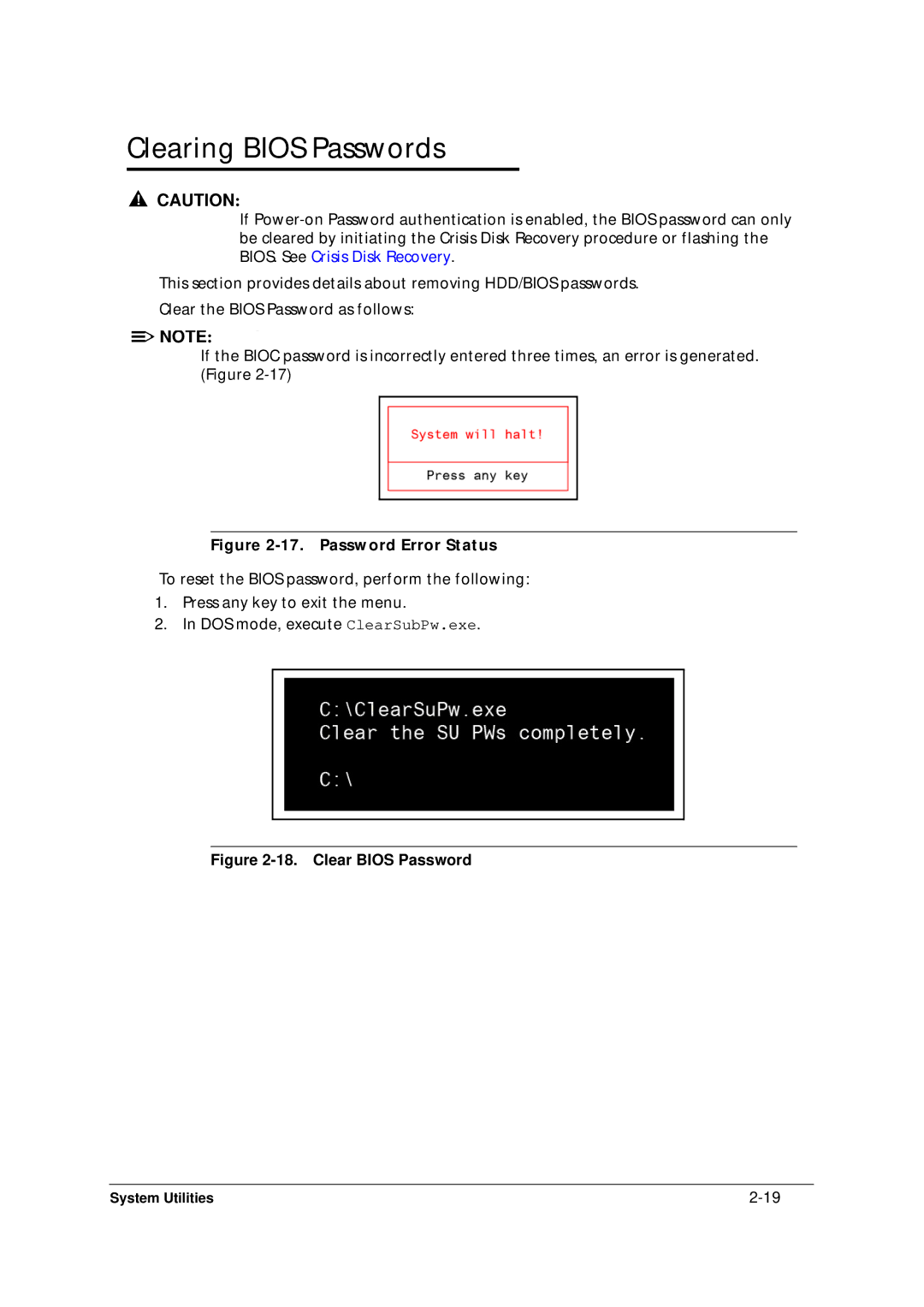 Acer 5349 manual Clearing Bios Passwords, Password Error Status 