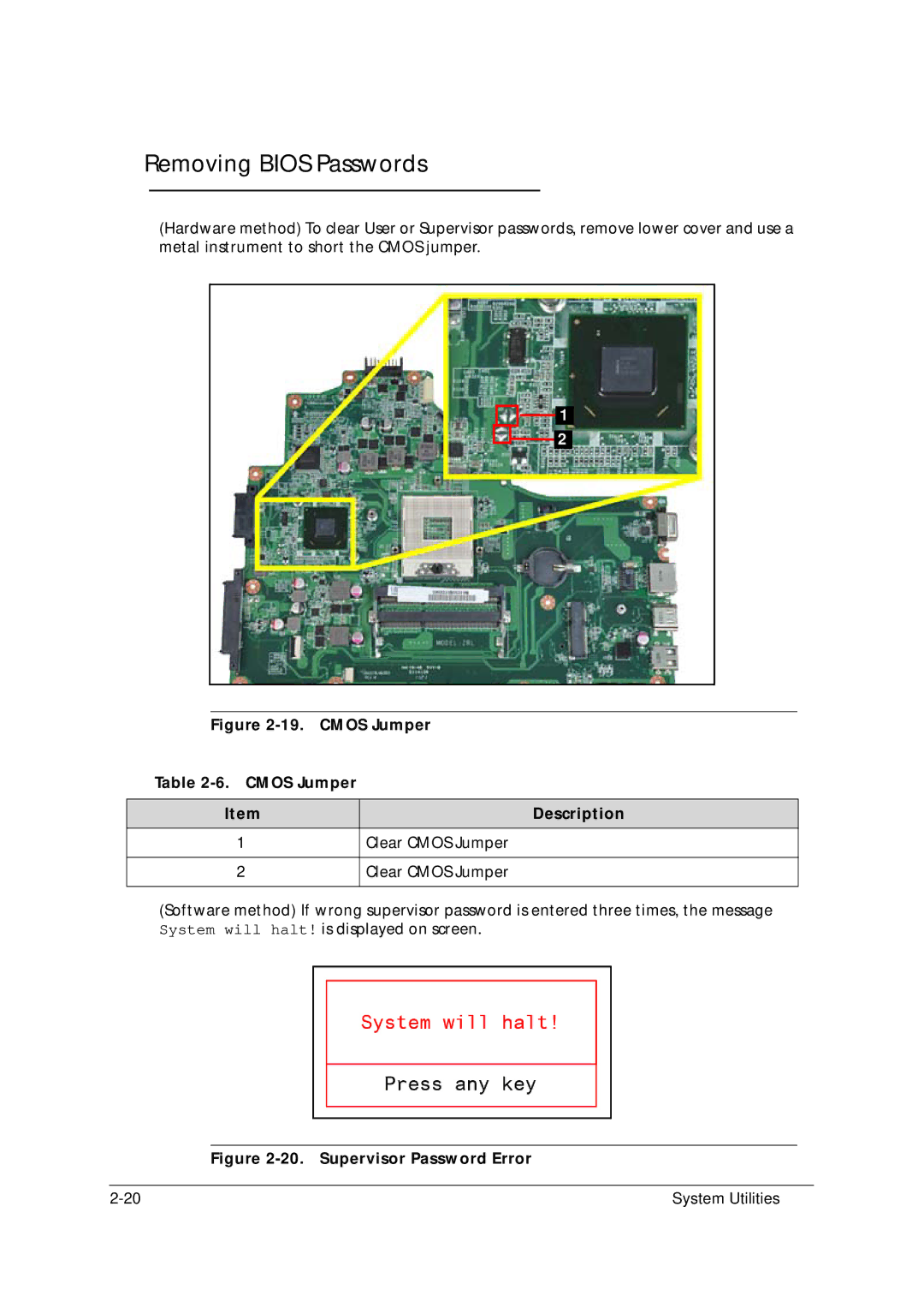 Acer 5349 manual Removing Bios Passwords, Cmos Jumper Description 