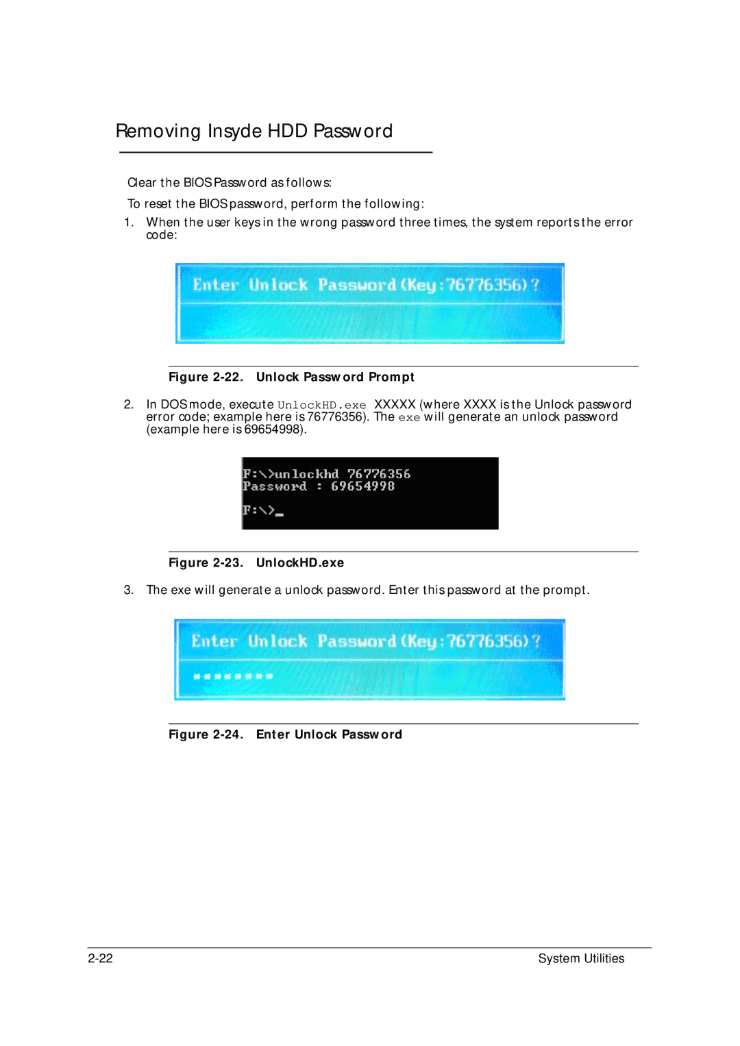 Acer 5349 manual Removing Insyde HDD Password, Unlock Password Prompt 