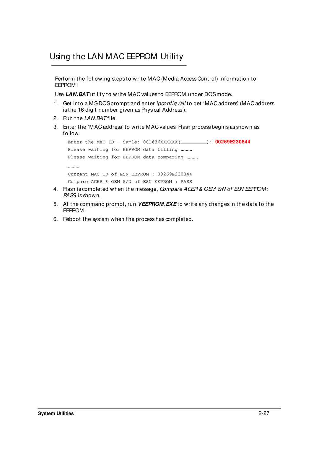 Acer 5349 manual Using the LAN MAC Eeprom Utility 