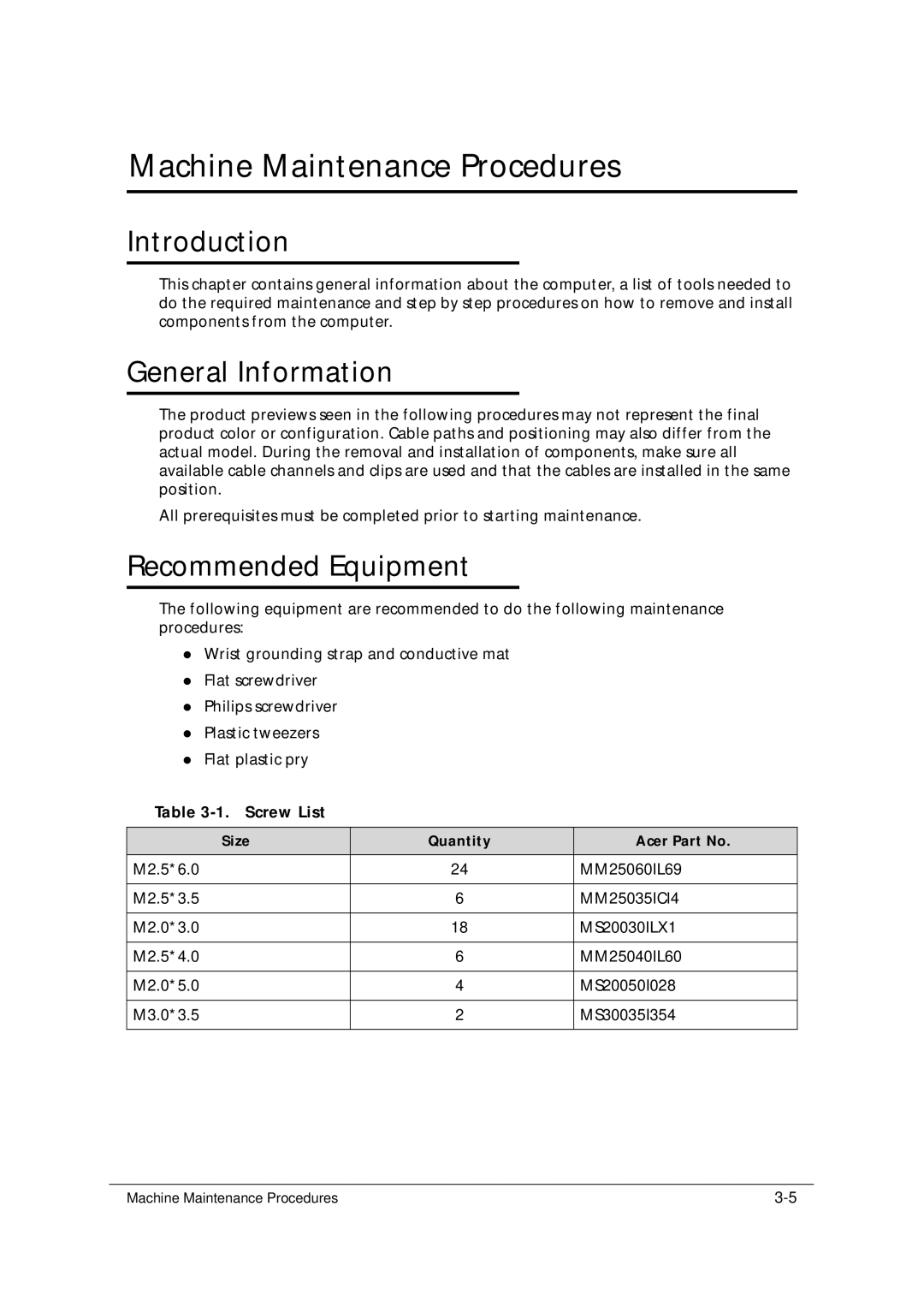 Acer 5349 manual Introduction, Recommended Equipment, Screw List 