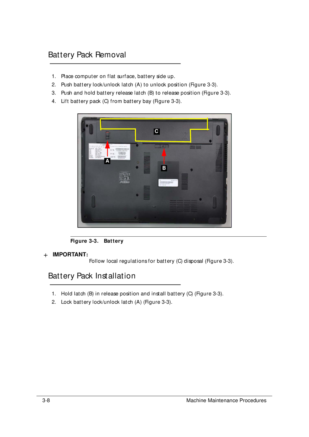 Acer 5349 manual Battery Pack Removal, Battery Pack Installation 