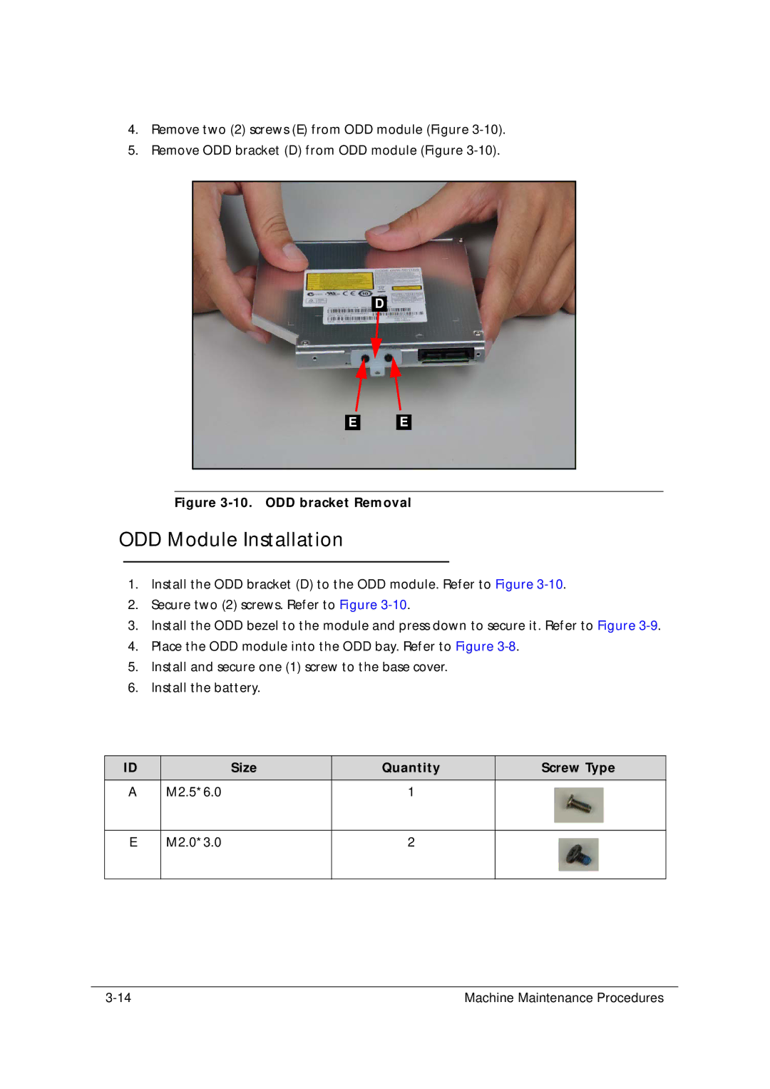 Acer 5349 manual ODD Module Installation, Size Quantity Screw Type M2.5*6.0 