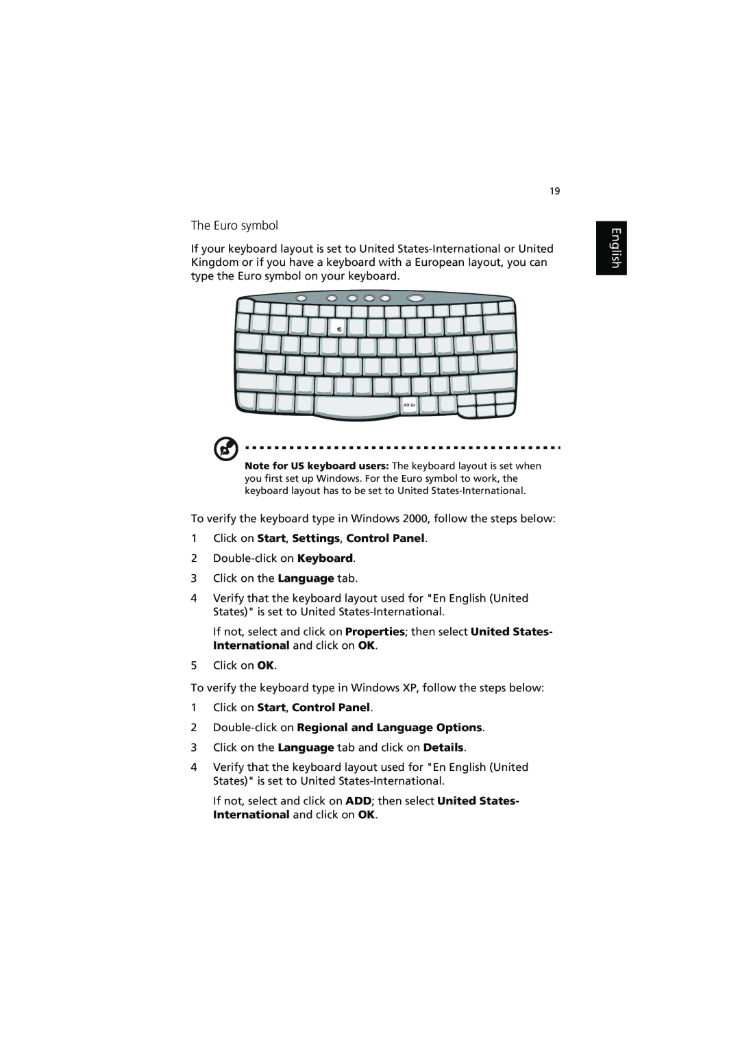 Acer 540 manual Euro symbol, Click on Start, Settings, Control Panel 