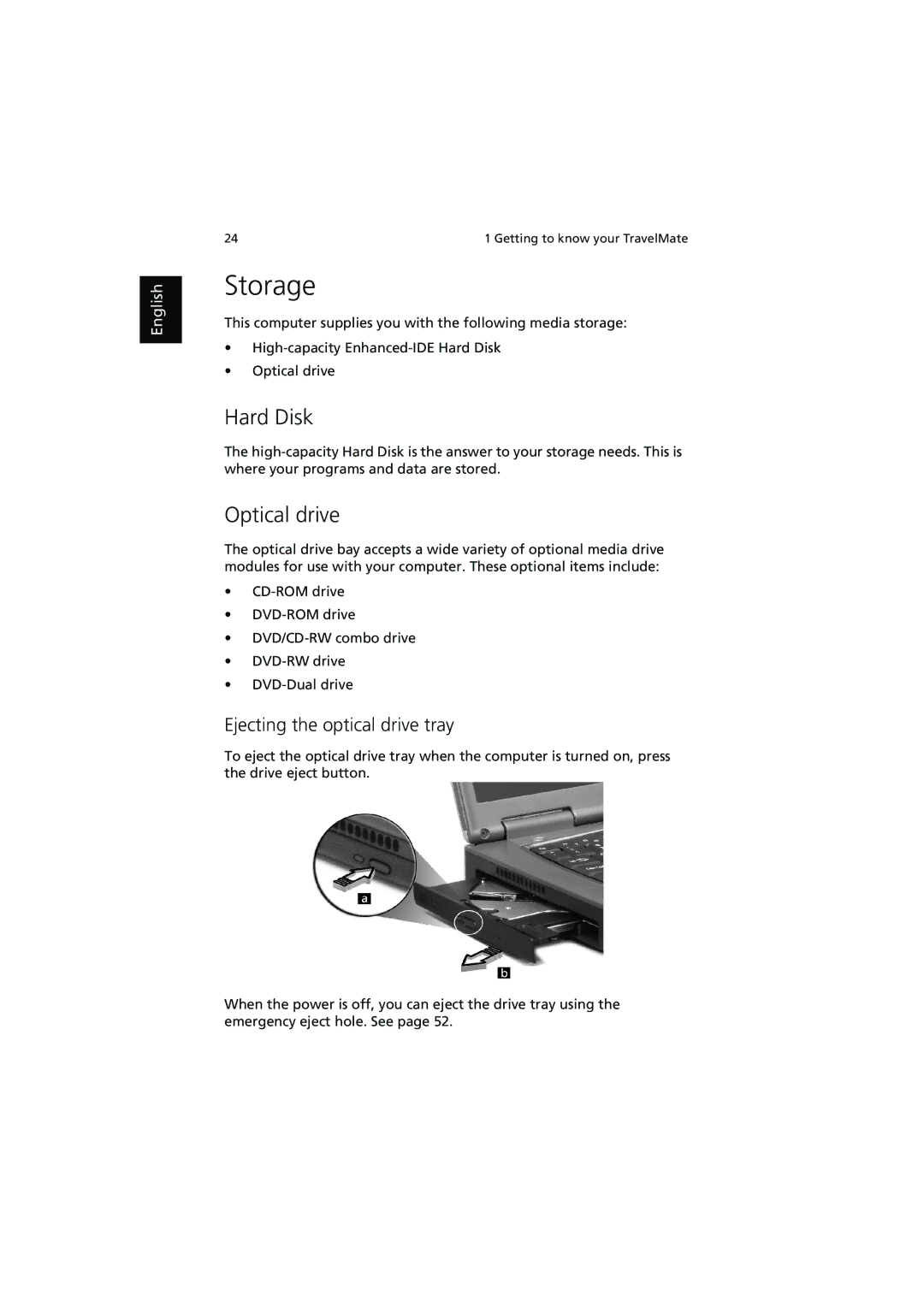 Acer 540 manual Storage, Hard Disk, Optical drive, Ejecting the optical drive tray 