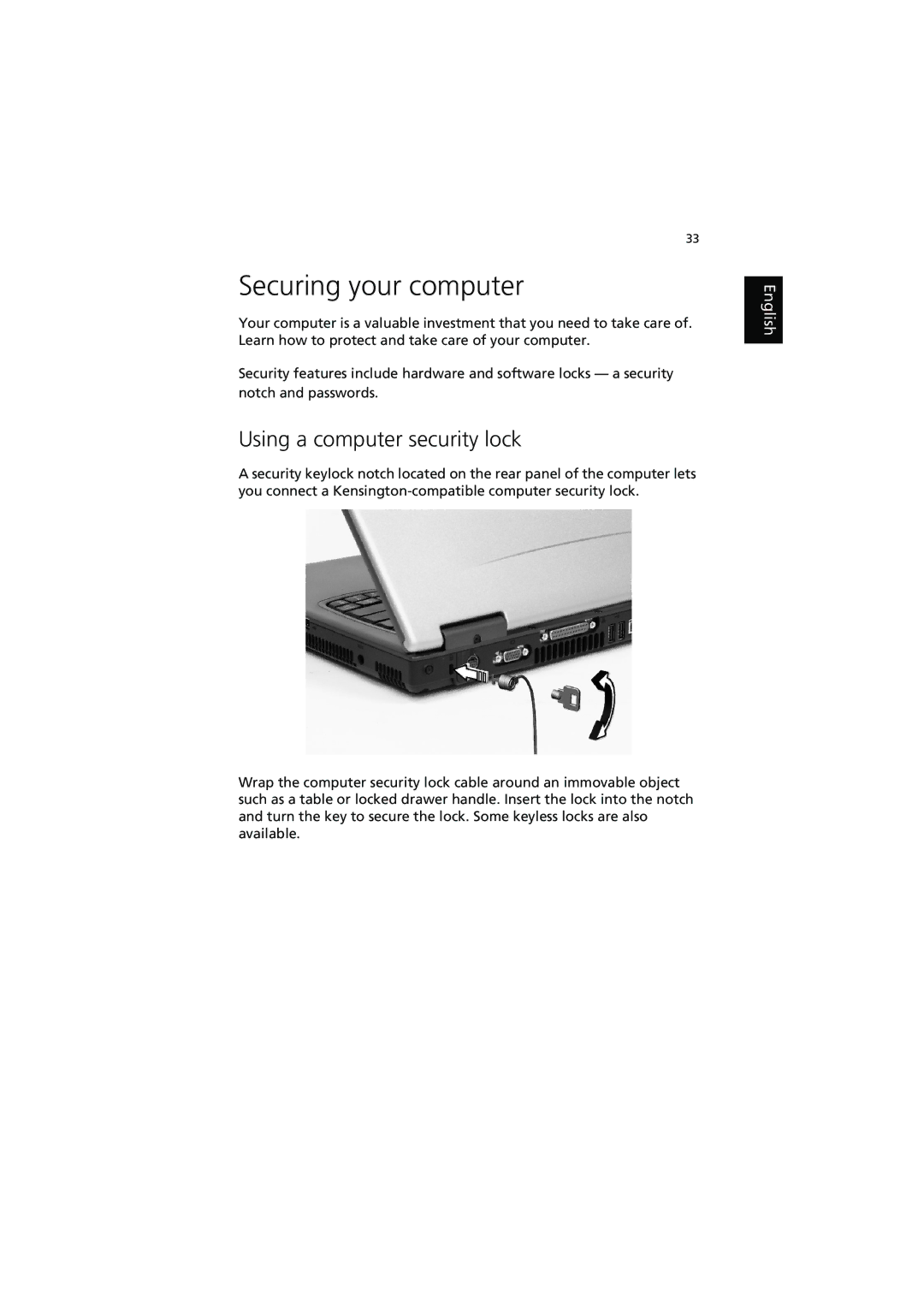 Acer 540 manual Securing your computer, Using a computer security lock 