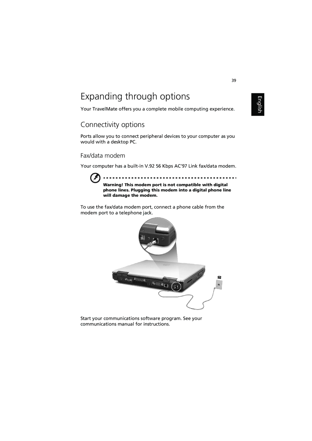 Acer 540 manual Expanding through options, Connectivity options, Fax/data modem 