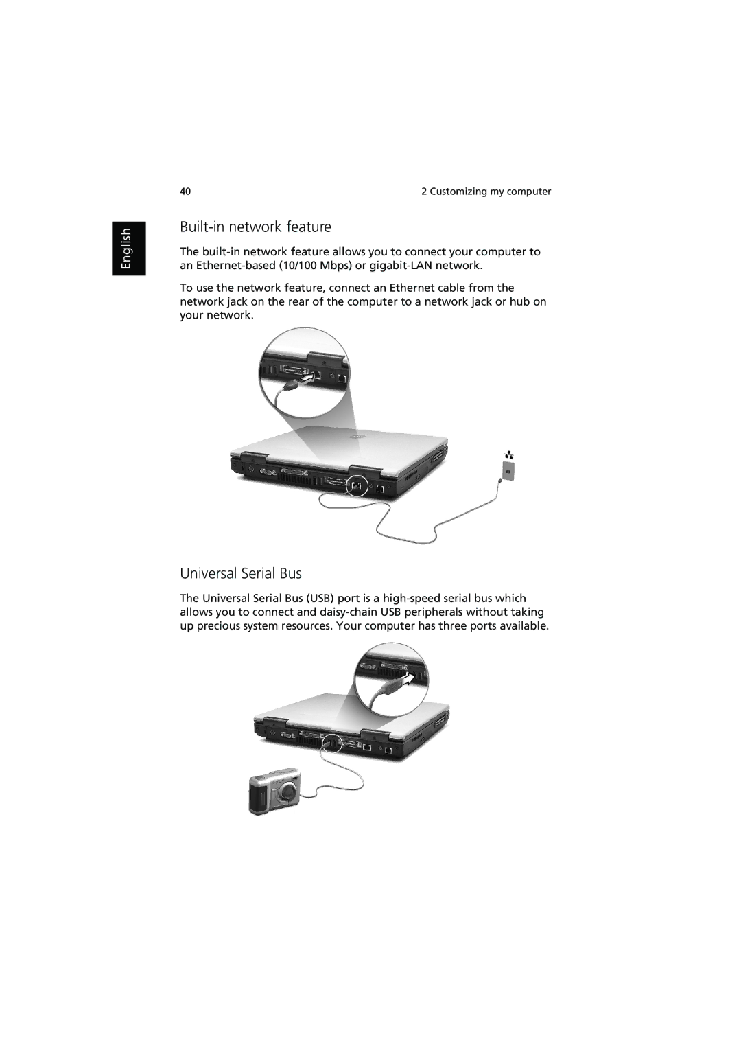 Acer 540 manual Built-in network feature, Universal Serial Bus 