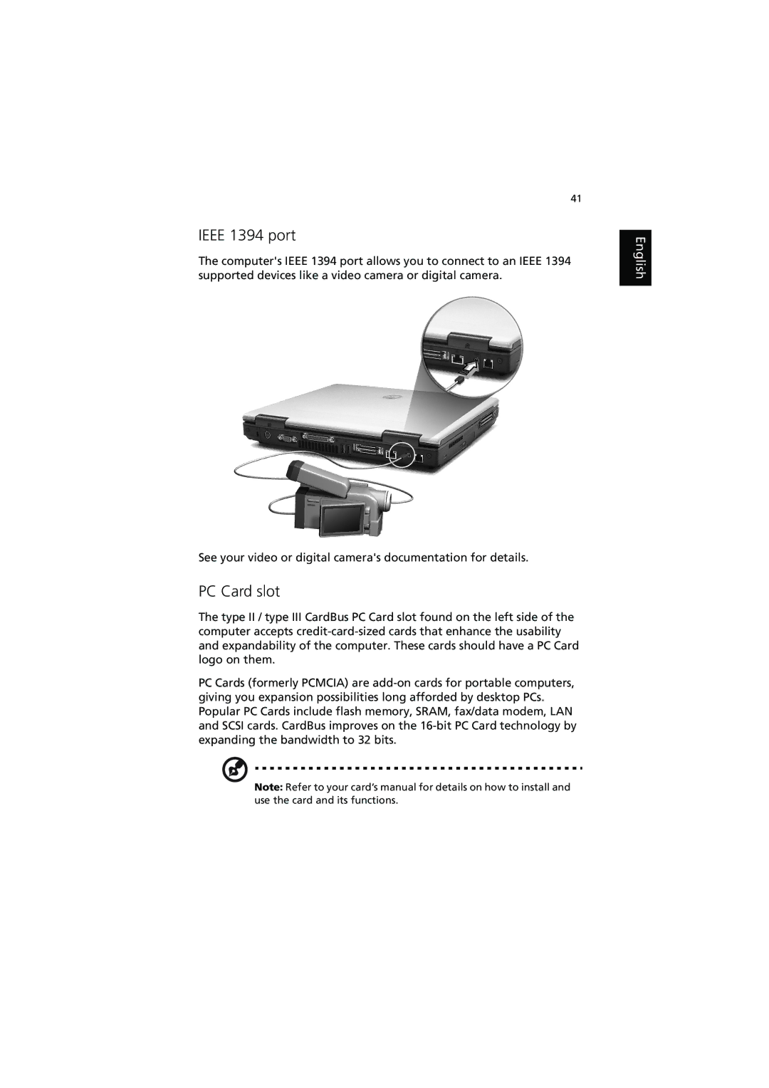 Acer 540 manual Ieee 1394 port, PC Card slot 