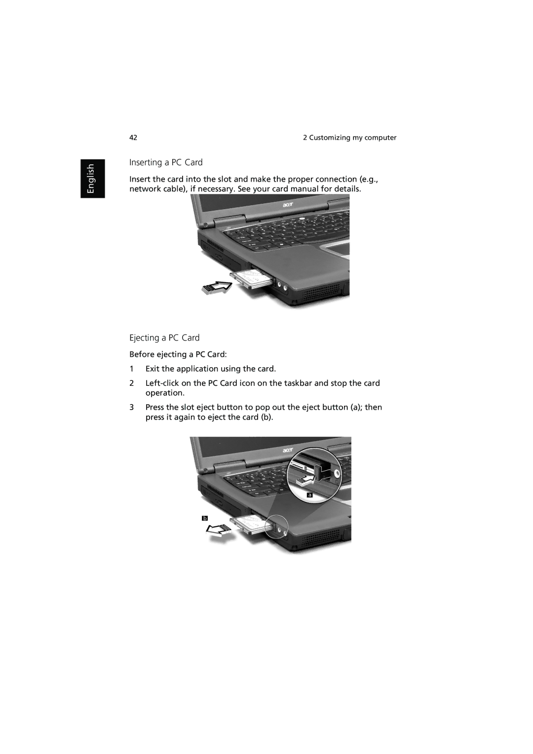 Acer 540 manual Inserting a PC Card, Ejecting a PC Card 