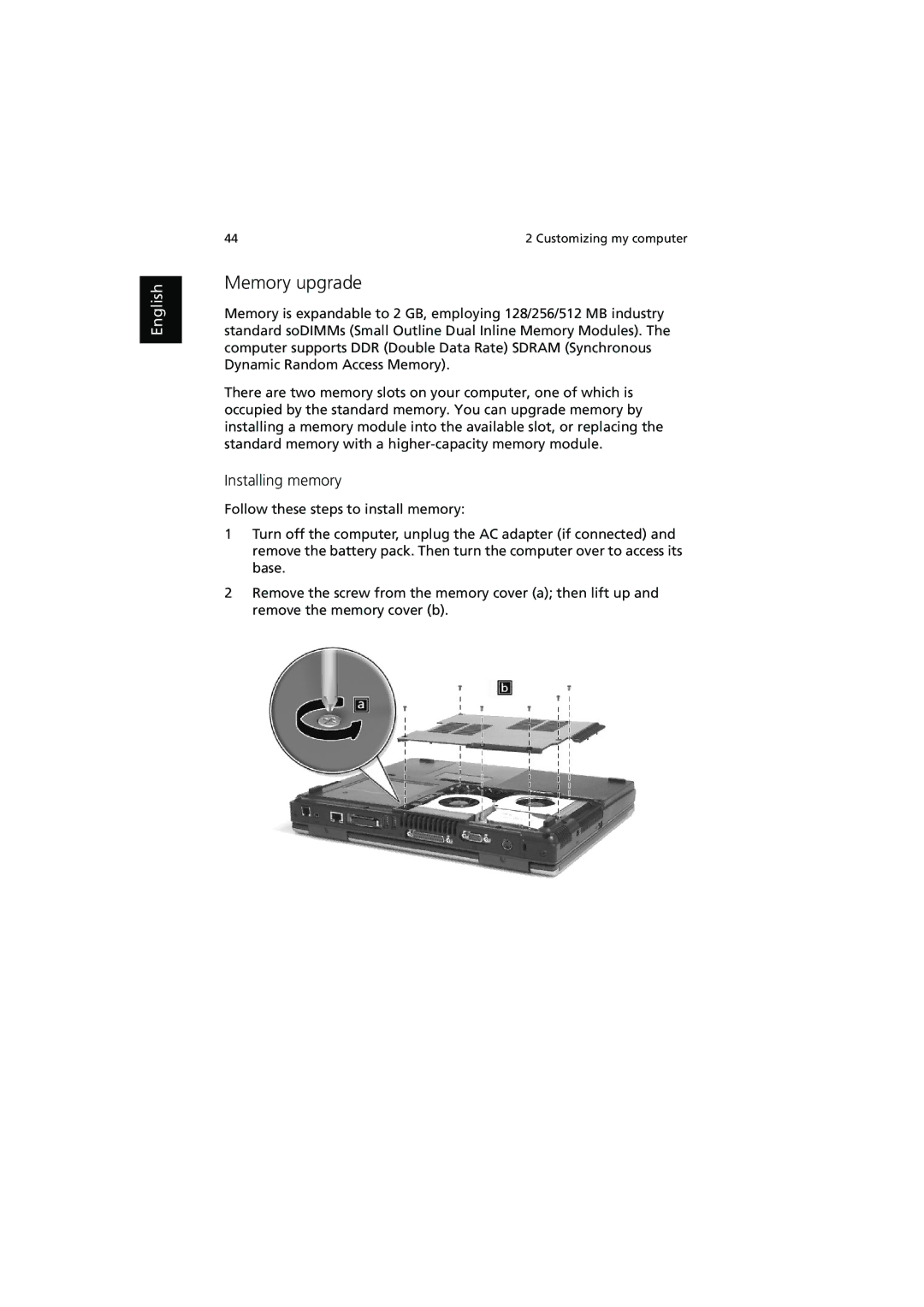 Acer 540 manual Memory upgrade, Installing memory 