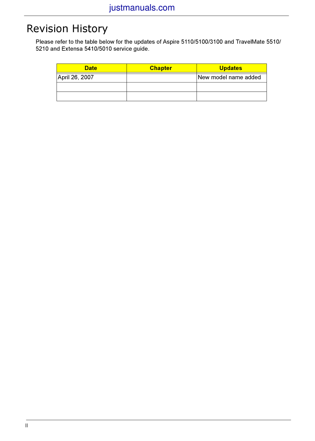 Acer 5210, 5410, 5510, 5010 manual Revision History 